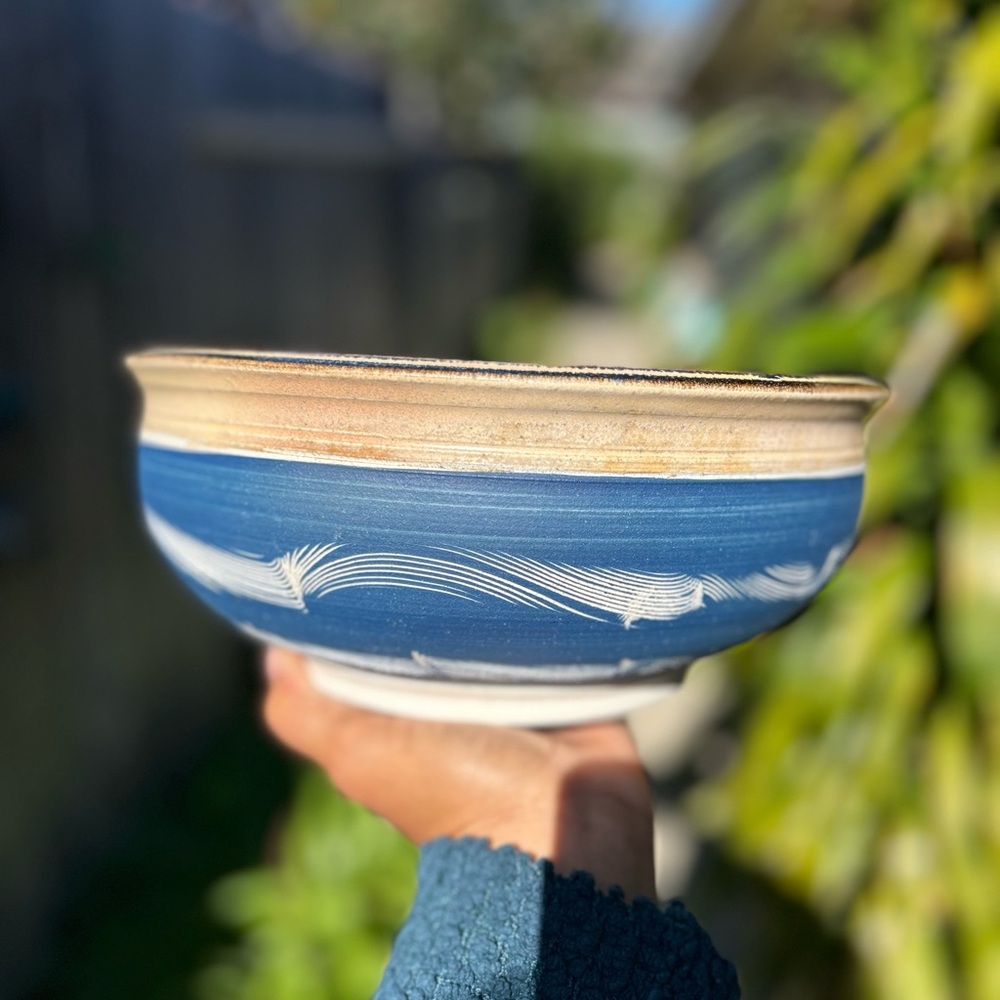 Vintage 1992 Blue Peter C Vallez Hand Thrown Ceramic Bowl - 10 Inches